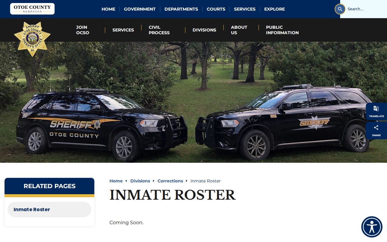 Otoe County arrest roster showing Coming Soon