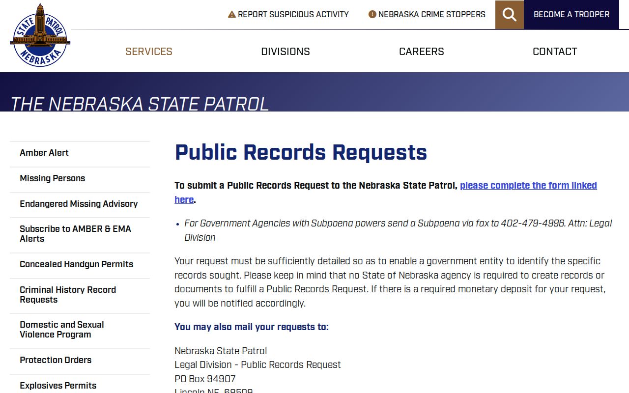 Nebraska State Patrol public records route for Otoe County arrest records