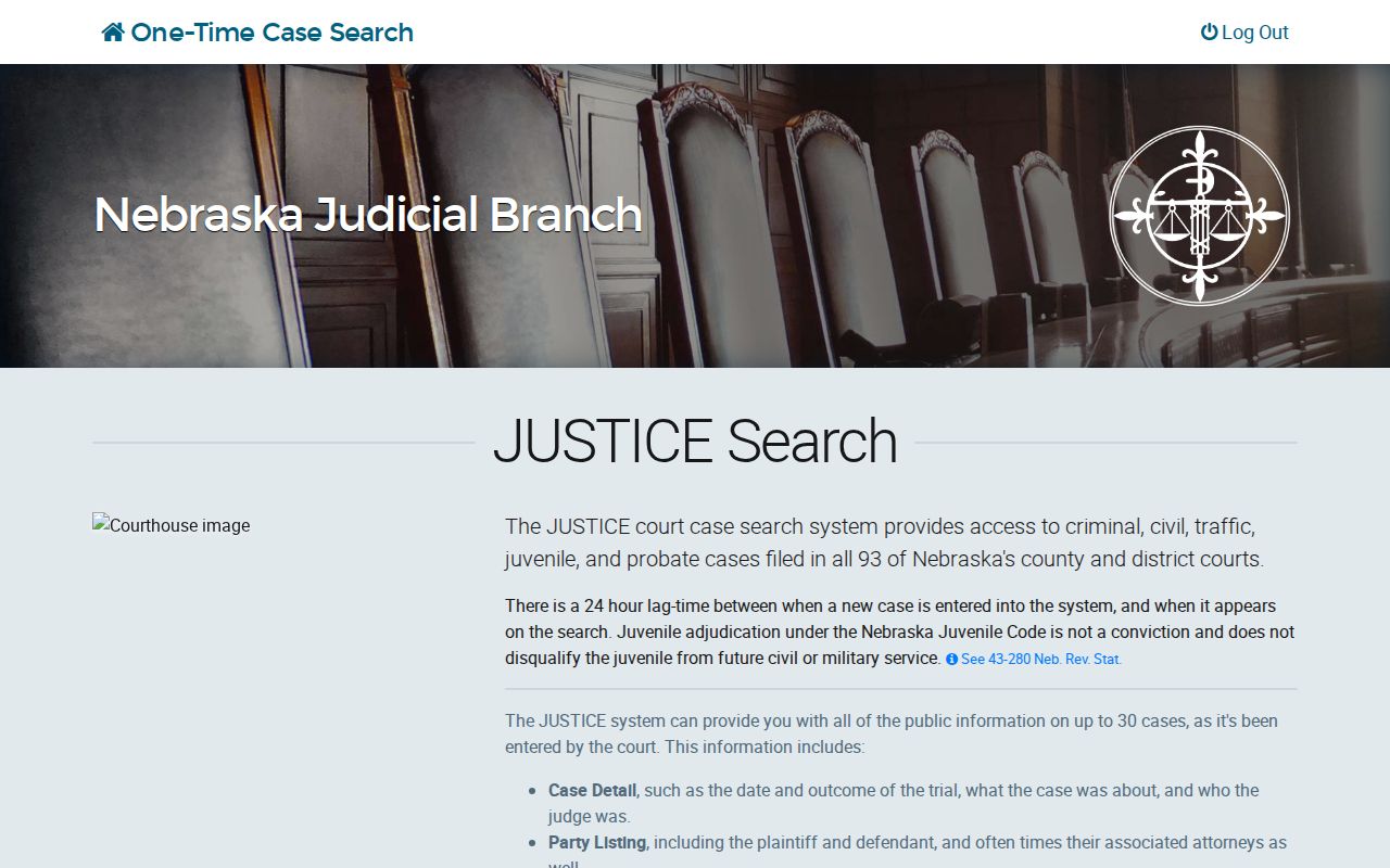JUSTICE one-time Otoe County court case search landing page