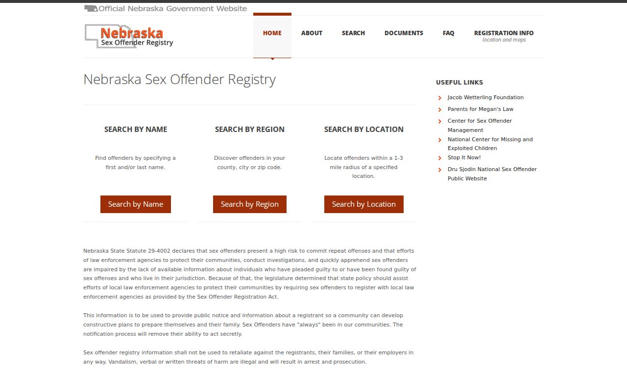 Otoe County sex offender search on the Nebraska registry home page