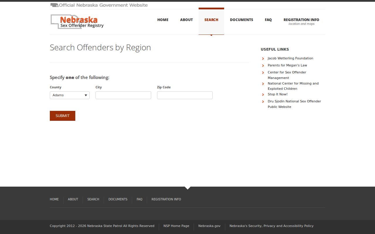 Otoe County sex offender registry region search fields
